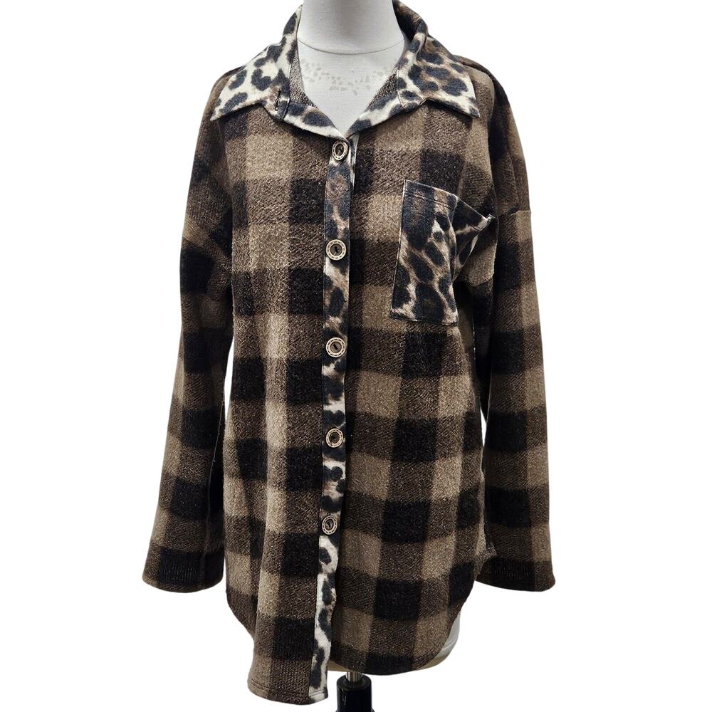 Brown Check Leopard Animal Print Small Shirt Jacket Blue USA Grunge Artsy Shabby